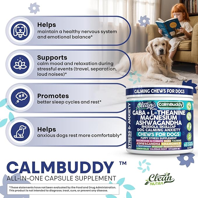 CalmBuddy Anxiety and Stress Relief Supplements GABA L-Theanine Magnesium Ashwagandha Rhodiola Rosea Chamomile L-Tryptophan Skullcap Taurine Valerian Root 60 Beef Flavor Chew by Clean Nutra Pets