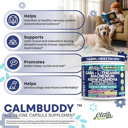 CalmBuddy Anxiety and Stress Relief Supplements GABA L-Theanine Magnesium Ashwagandha Rhodiola Rosea Chamomile L-Tryptophan Skullcap Taurine Valerian Root 60 Beef Flavor Chew by Clean Nutra Pets