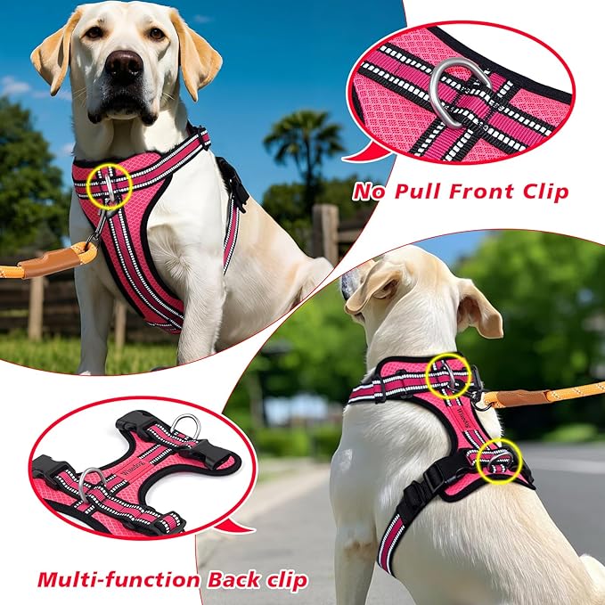 Wisedog Reflective No Pull Dog Harness - Adjustable Lightweight Pet Vest with 3 Fast-Release Buckles for Dogs Walking, Running and Training(M, Bright Pink)