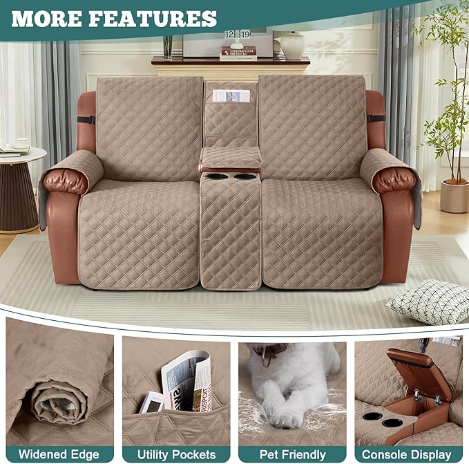 Ruaozz Waterproof Loveseat Recliner Cover with Console Non-Slip Reclining Couch Covers Split Sofa Slipcovers with Elastic Straps Furniture Protector for Kids, Dogs, Pets (Light Brown, 2 Seater)