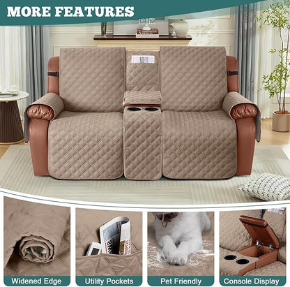 Ruaozz Waterproof Loveseat Recliner Cover with Console Non-Slip Reclining Couch Covers Split Sofa Slipcovers with Elastic Straps Furniture Protector for Kids, Dogs, Pets (Light Brown, 2 Seater)