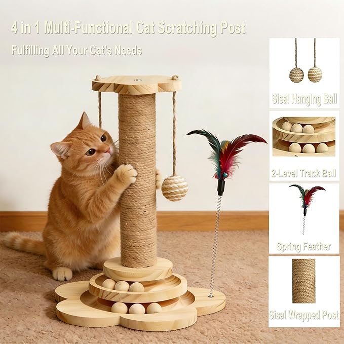 Wooden Cat Scratching Post, 4 in 1 Cat Scratcher Kitten Toys for Indoor Cats, 17.7" Tall Sisal Post with Two-Laye Wooden Ball Track, Ideal for Small Medium Cat