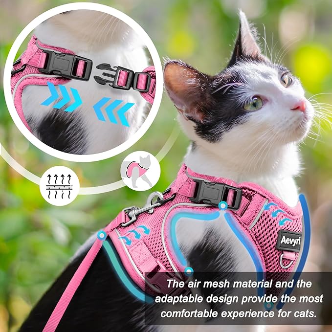 Cat Harness and Leash for Walking, The Upgrade Can be Adjusted in Four Directions and Breathable Cat Harness for Anti Escape that can be Fitted and Positioned, Reflective Strips Harness, Pink, M