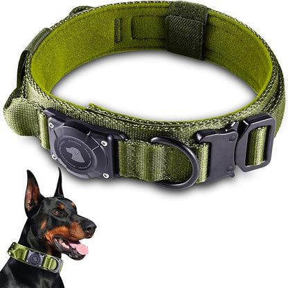 2026 Upgrade Waterproof AirTag Dog Collar, Military Tactical Dog Collar with AirTag Holder, Comfortable Control Handle and Metal Buckle, GPS Dog Collar Holder for Medium to Large Dogs (ArmyGreen, L)