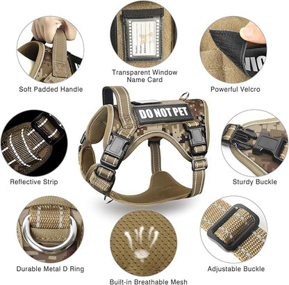 Tactical Dog Harness and Leash Set Small Sized Dog,Heavy Duty No Pull Service Dog Vest and 10 Patches with Dog Seat Belt,Reflective Adjustable Pet Harness for Training Walking Hiking Camo S
