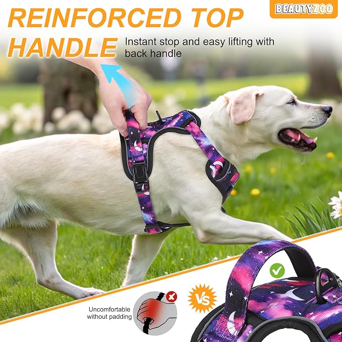 BEAUTYZOO No Pull Dog Harness and Leash Set for Large Dogs, Adjustable Dog Vest Harnesses with 2 Metal Leash Clips, Reflective Oxford No Choke Escape Proof Step in Pet Vest with Handle, Purple L