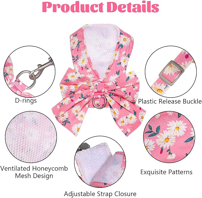 Dog Harness and Leash Set Adjustable Puppy Harness Mesh Vest Set Bow Knot Pet Clothes for Small Girl Dog Cat Summer (Pink, Small)