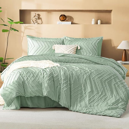 Litanika Super King Size Comforter Set with Sheets Sage Green - 7 Pieces Bed in a Bag Oversized King Boho Tufted Complete Bedding Sets with Comforter, Sheets, Pillowcases & Shams