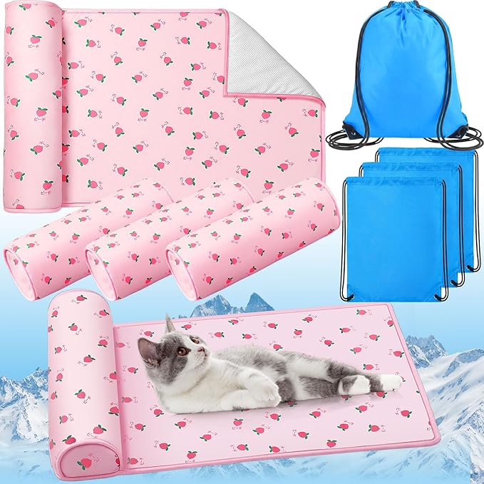 DoubleFill 4 Pack Cooling Dog Mats with Supportive Pillow 23.6" x 31.5" Self Cooling Dog Pads Ice Silk Washable Pet Cool Mat Summer Cat Sleeping Pad with Storage Bag for Crate Bed Floor (Large, Pink)