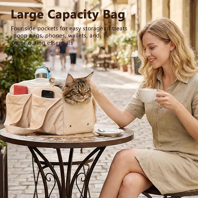 Dog Purse Carrier for Small Dogs, Soft Dog Tote Bag Carrier with 4 Large Pockets, No Collapse, Lightweight, Smart Zipper Lock, Comfortable Puppy Cats Rabbit Carrier for Travel,Outdoor(Beige)
