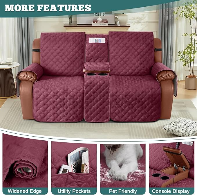 Ruaozz Waterproof Loveseat Recliner Cover with Console Non-Slip Reclining Couch Covers Split Sofa Slipcovers with Elastic Straps Furniture Protector for Kids, Dogs, Pets (Wine, 2 Seater)