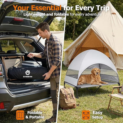 Elevated Dog Bed with UV-Proof Canopy, Outdoor Dog Tent with Powerful Adjustable Feet, Portable Pet Cot with Wider Shade, Raised Cooling Bed for Camping, Patio, Beach, Poolside