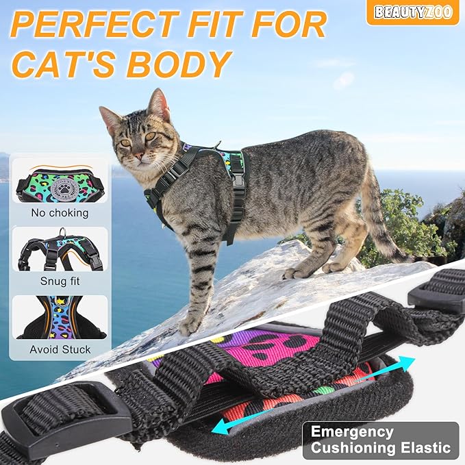 BEAUTYZOO Cat Harness and Leash for Walking, Escape Proof Soft Adjustable Vest Harnesses for Medium Large Cats, Easy Control Breathable Reflective Strips Jacket, Leopard, M