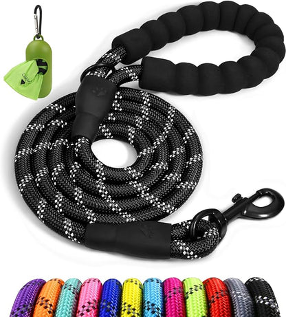 Taglory Rope Dog Leash 4 FT with Comfortable Padded Handle, Highly Reflective Threads Leash and Anti-Tangle Clip for Walking Medium Large Dogs, 1/2 inch, Black