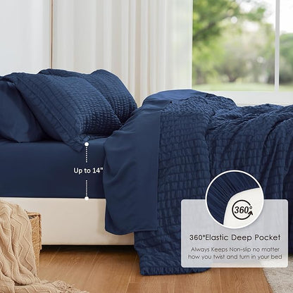 Love's cabin Seersucker Dark Blue Full Comforter Set, 7-Piece All Season Lightweight Bed in a Bag Bedding Set with Comforter, Flat Sheet, Fitted Sheet, Pillowcases and Shams | Soft, Breathable, Lightweight