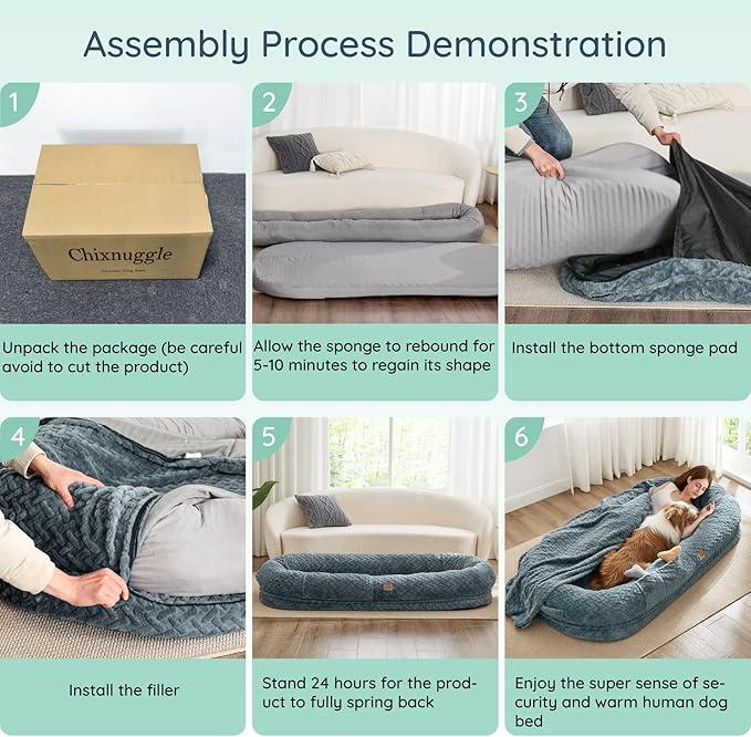 Human Dog Bed for Adult - Luxury Faux Fur Giant Size Dog Bed with Portable Handle, Egg Orthopedic Foam with Blanket, 72"x40"x10", Navy