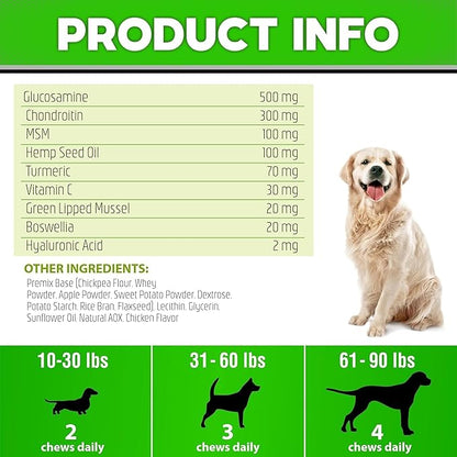 Hemp Hip and Joint Supplement for Dogs - Glucosamine for Dogs - 170 Dog Joint Pain Relief Treats - Chondroitin, Hemp Oil, MSM - Mobility & Flexibility Support - Advanced Care Health - Made in USA