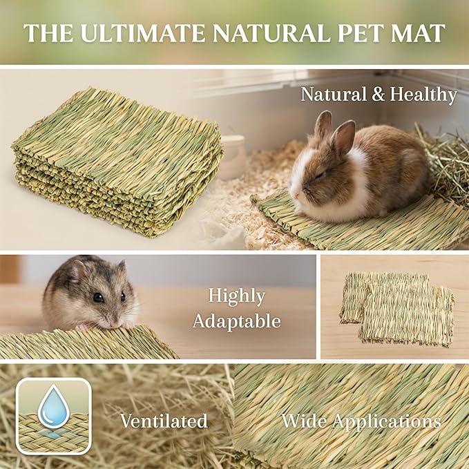 Sukh 3 PCS Rabbit Grass Mats - Natural Hay Woven Bunny Rabbit Bad Cage Mats Pet Bedding Cooling Sleeping Nesting & Toys for Hamster Bunny Chinchilla Guinea Pig Mouse Bird and Other Small Animals