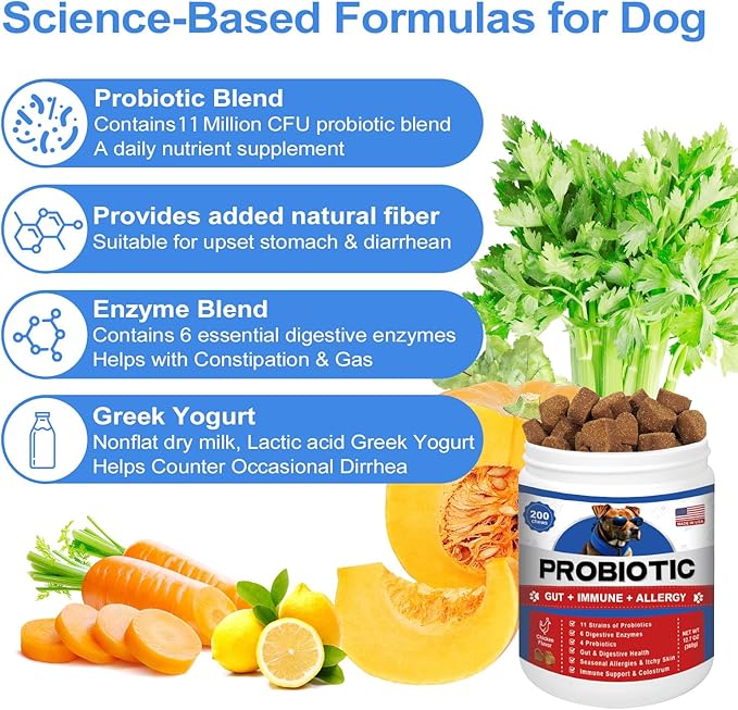 Probiotics for Dogs 200 Chews - Dog Probiotics with 6 Digestive Enzymes,4 Prebiotics,11 Billion CFUs, Colostrum - for Gut Gas Health, Yeast Balance, Skin & Coat, Seasonal Allergies Immune Support