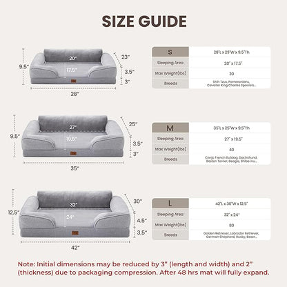 Orthopedic Dog Beds for Large Sized Dogs, Waterproof Egg-Crate Foam Pet Couch Bed with Soft Side, Non-Slip Dog Sofa with Flannel Removable Washable Cover, 35"L Supportive Pet Sofa, Light Grey