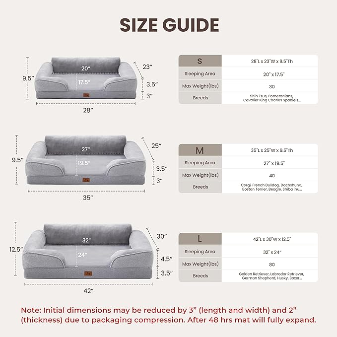 Orthopedic Dog Bed for Medium Size Dogs, Waterproof Egg-Crate Foam Pet Couch Bed with Soft Sides, Non-Slip Dog Sofa with Flannel Removable Washable Cover, 28"L Supportive Pet Sofa, Light Grey