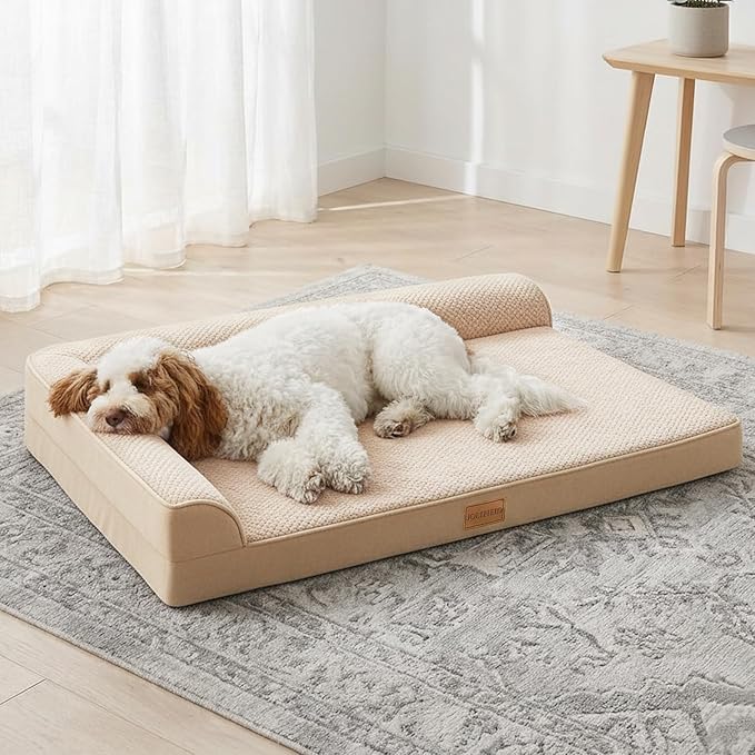 Orthopedic Dog Bed Large Sized Dog 36''X24'', Waterproof L Bolster Egg Crate Foam Pet Crate Beds with Washable Removable Cover, Non-Slip Soft Pet Couch Sleep Mat, Ivory