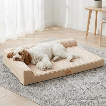 Orthopedic Dog Bed Large Sized Dog 36''X24'', Waterproof L Bolster Egg Crate Foam Pet Crate Beds with Washable Removable Cover, Non-Slip Soft Pet Couch Sleep Mat, Ivory