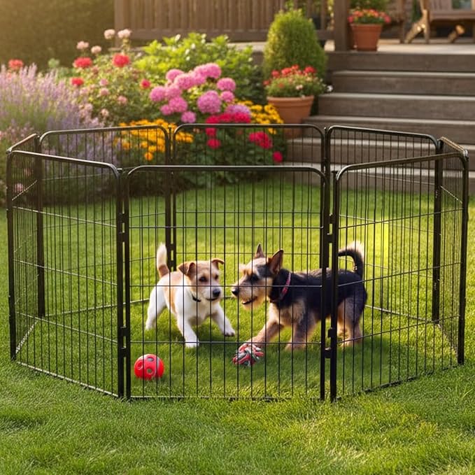 Dog Playpen - 24 inch, 8 Panel Portable Black Metal Pet Play Pen for Small Dogs and Puppies - Indoor/Outdoor Kennel Cage | Anti-Rust Tool Free Setup for Home, Yard, RV, or Camping