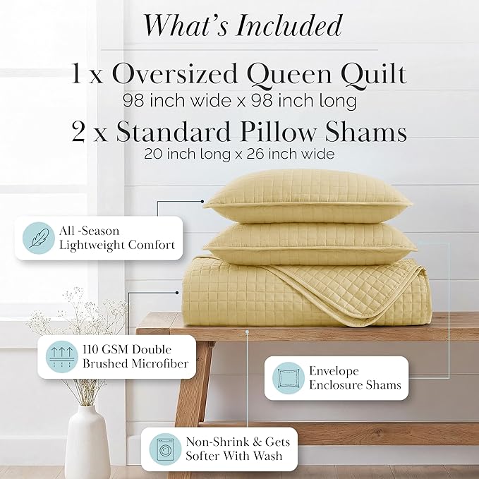 Southshore Fine Living, Inc. Full/Queen Quilt Bedding Set, Cozy Coverlet Queen Size Bedspread, Wrinkle-Free, Pet Hair Resistant Bedding, Full Size Quilt Coverlet w/2 Pillow Shams, Gold