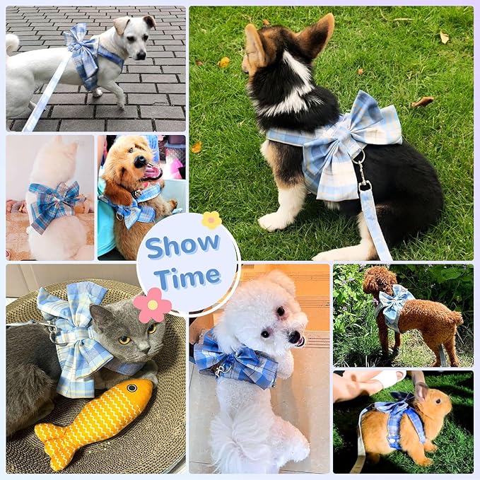 Cute Dog Harness and Leash Set with Bow Tie Soft Mesh Plaid Girl Puppy Harness No Pull Pet Cat Dog Vest Harness for Small Dogs Chihuahua Rabbit Outfit (Blue,XXL)