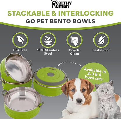 Healthy Human Travel Pet Bento Bowls - Human-Grade Stainless Steel & BPA-Free, Leak-Proof Water & Food Container Set for Dogs & Cats, 2-Pack Interlocking Bowls, Includes Spare Clips & Handle (Green)
