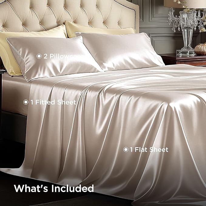 Bedsure Satin Sheets Queen Size - 4 Piece Silky Bedsheets with Elastic Corner Straps and 15 Inches Deep Pocket Fitted Bedsheet,1 Flat Sheet, 2 Satin Pillowcases, Good for Hair & Skin (Queen, Beige)