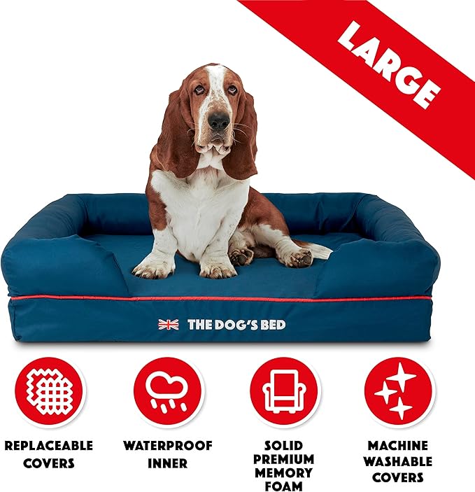 The Dog’s Bed Orthopedic Memory Foam Dog Bed with Bolsters for Large Dogs, High Density Support Mattress, Low Front Entry, Removable Washable Cover, Oxford Fabric, Blue with Dark Red Trim, Large