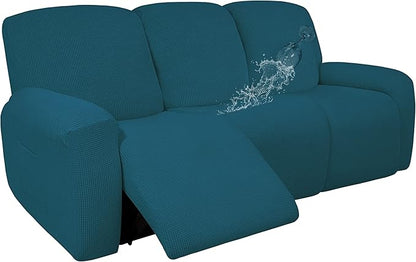 Easy-Going 100% Dual Waterproof Recliner Sofa Cover, 8-Pieces Stretch Relining Couch Cover with Pocket, Jacquard 3 Seat Sofa Slipcover Leakproof Washable (Sofa, Peacock Blue)