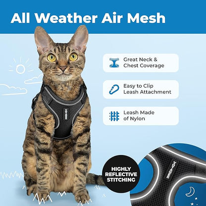 Voyager Escape-Proof Step-in Lock Cat Harness & 5ft Neoprene-Handle Leash Set All-Weather Mesh with Reflective Stitching for Small to Large Cats by Best Pet Supplies, Black (327), XXXS