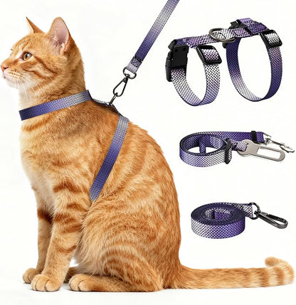Cat Harness and Leash Set, 3-in-1 Escape Proof Adjustable, Comfortable Soft Lightweight, Safe, Easy to Wear, Walking Travel Kitten Harness for Small Medium LCats (Purple)