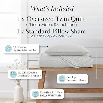 Southshore Fine Living, Inc. Twin XL Comforter Quilt Bedding Set, Dorm Room Bedding Essentials, Stain Resistant, Machine Washable Bedspread, XL/Twin Grey Quilt Bed Spread with Pillow Sham, Light Grey