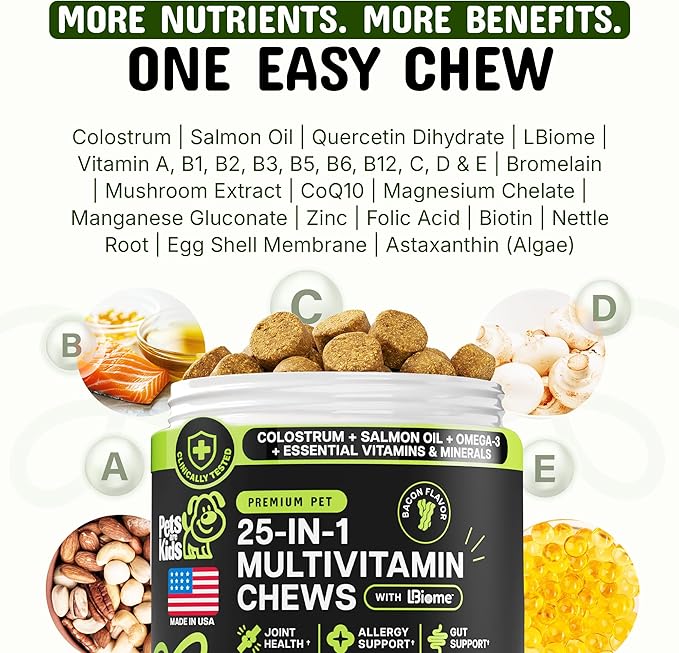 Pets are Kids 25-in-1 Dog Multivitamin - Pet Vitamins and Supplements with LBiome™, Colostrum & Salmon Oil for Gut, Allergy, Mobility & Immune Health - Bacon Flavored, Dog Supplements - 60 Chews