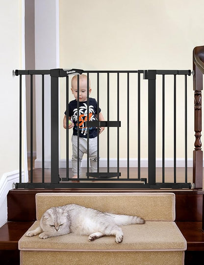 BABELIO 29-48" Extra Wide Baby Gate with Cat Door, Auto Close Metal Pet Door for Stairs, Doorways, House, Pressure/Hardware Mounted, Easy Walk Thru, Black