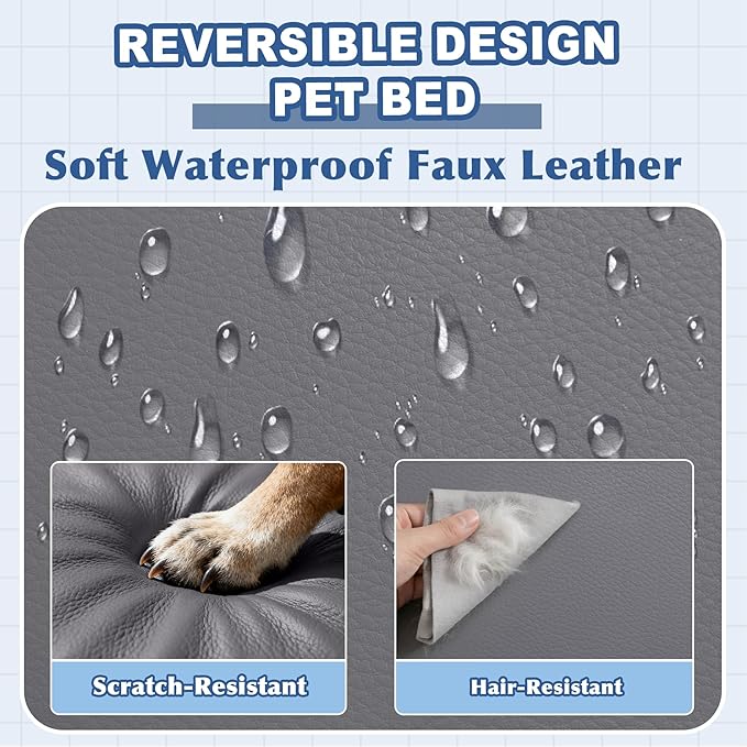 Vonabem Outdoor Waterproof Dog Bed Washable, Large Crate Pad 35 inch, Orthopedic Foam Pet Beds with Removable Cover Reversible, Wipeable Leather Anti-Slip Kennel Pads 35"x22" Grey