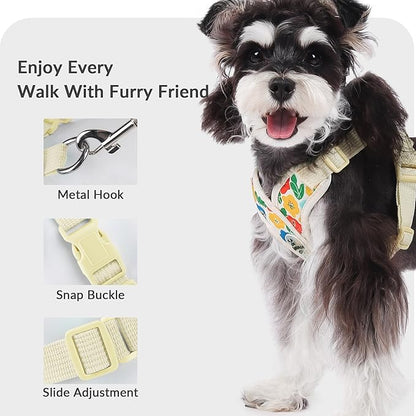 Patas Lague Dog Harness with Leash Set Adjustable Soft Padded Step-in Dog Vest No Choke No Pull Reflective for Small Medium Pets with Poop Bags and Dispenser, Solid and No-chew, Floral Yellow M