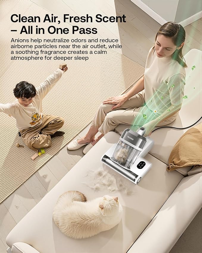 Trucozie Mattress Vacuum Cleaner, 16Kpa Bed Vacuum with Smart Dust Sensor, Anion & Aromatherapy, 275nm UV Light, 149℉ Heat & Ultrasonic & Tapping, Corded for Bed Sofa Couch Pet Hair, White