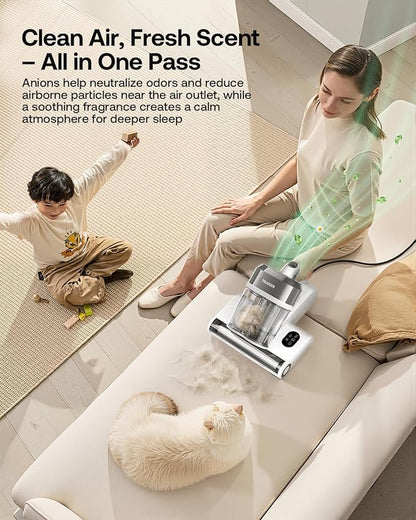 Trucozie Mattress Vacuum Cleaner, 16Kpa Bed Vacuum with Smart Dust Sensor, Anion & Aromatherapy, 275nm UV Light, 149℉ Heat & Ultrasonic & Tapping, Corded for Bed Sofa Couch Pet Hair, White