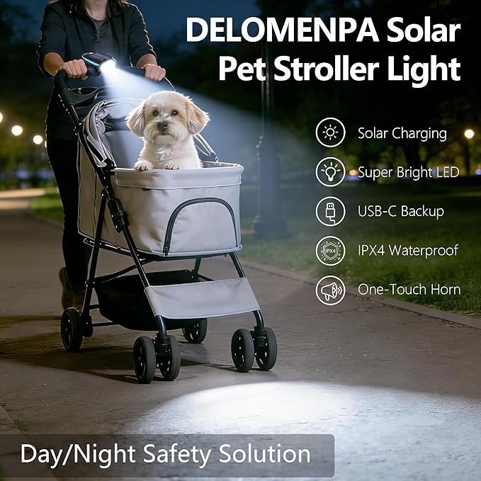 Pet Stroller Light, Solar Powered LED Light for Dog Stroller, Cat Stroller, Wagon – 3 Modes (S/H/F) with Safety Horn, USB Rechargeable, IPX4 Waterproof, Wrap & Hook Strap for Easy Attachment