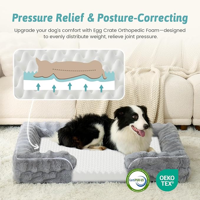 COZY KISS Orthopedic Dog Bed for Large Medium Size Dog, Soft and Warm Faux Fur Sofa for Pet Up to 75 lbs, Foam Bolster Anti-Slip Couch with Washable Removable Cover, L 36x27x6.5 inch, Grey