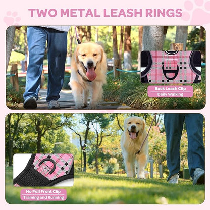 FURRYFECTION Plaid Dog Harness for Large Dogs, Reflective No Pull Adjustable Pet Vest with Front Clip, Leash, Easy Control Handle and Seat Belt, Pink&Black, XL