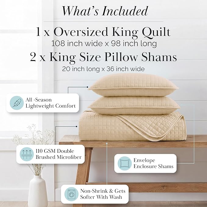 Southshore Fine Living, Inc. Oversized King Quilt Bedding Set, Soft Microfiber, Easy Care Pet Hair Resistant Bedding, California/King Size Quilt Coverlet, Beige Bedspread Set w/2 Shams, Soft Sand