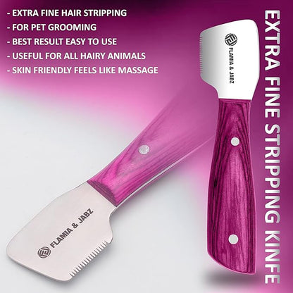 FLAMIA & JABZ FJ Professional Stripping Knife kit (6 pieces set) for Dogs & Pets, Wooden Handle Grip with Stainless Steel Blade (Right handed) (Pink)