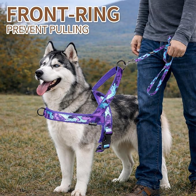 No Pull Dog Harness and Leash Set-Vest Harness with Handle&5FT Dog Leash with Car Seatbelt Clip,Breathable Mesh&Quick Fit Dog Harness Easy for Medium Large Dogs Training Walking(Camo Purple,S)