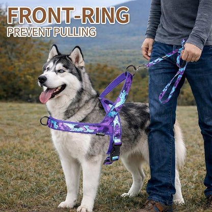 No Pull Dog Harness and Leash Set-Vest Harness with Handle&5FT Dog Leash with Car Seatbelt Clip,Breathable Mesh&Quick Fit Dog Harness Easy for Medium Large Dogs Training Walking(Camo Purple,L)